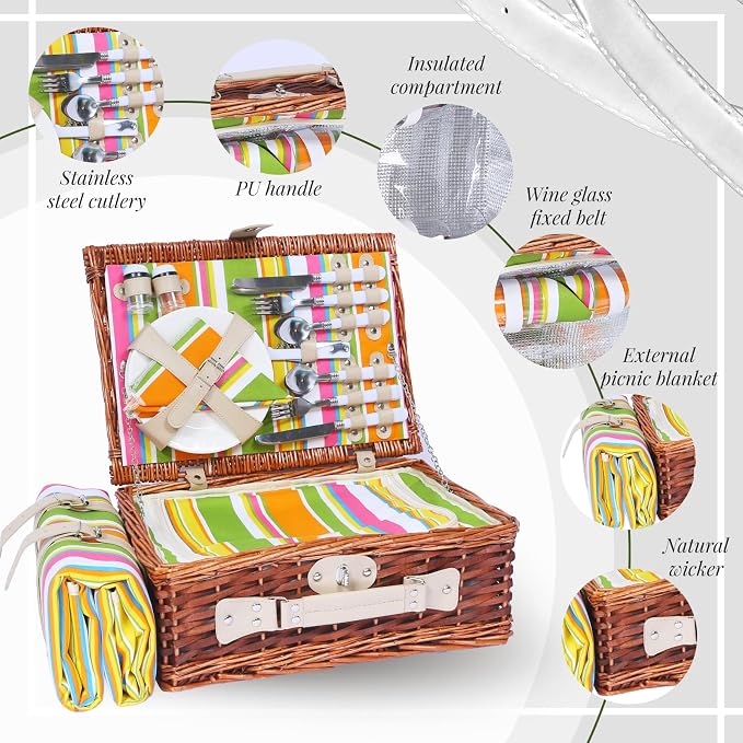 Picnic Basket Set for 4 with Waterproof Blanket Mat Insulation Bag Wicker Rainbow Stripe Cute Hawaiian Tropical Gift for Wedding Birthday Summer Camp Outdoor Camping Beach Travel Christmas - Image 5