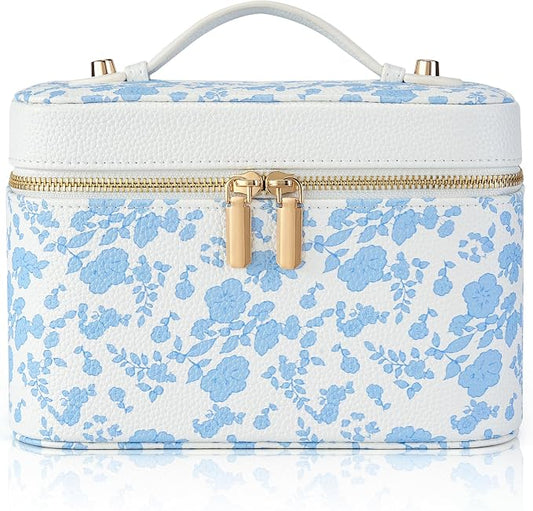 Makeup Bag Travel Toiletry Leather Cosmetic Case, Waterproof Makeup Organizer with Brush Holder, Wipe Clean Removable Divider Vanity Train Bag for Women, Vintage Blue by Unknown