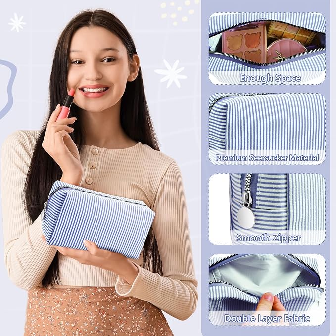 Giesiery 8 Pcs Seersucker Makeup Bags Striped Cosmetic Bags Bulk Organizer for Women Preppy Travel Toiletry Pouch for Wedding Bridesmaid Gifts (Navyblue, Medium) - Image 3