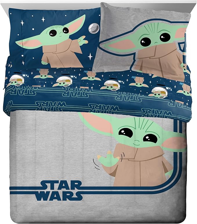 Star Wars Mandalorian Grogu Queen Comforter Set 7 Piece Bedding, Gray | Baby Yoda, Bed in a Bag, Comforter Sheets Shams Pillowcases, Official Brand, Soft Microfiber, Machine Washable, Kids Gift - Image 2