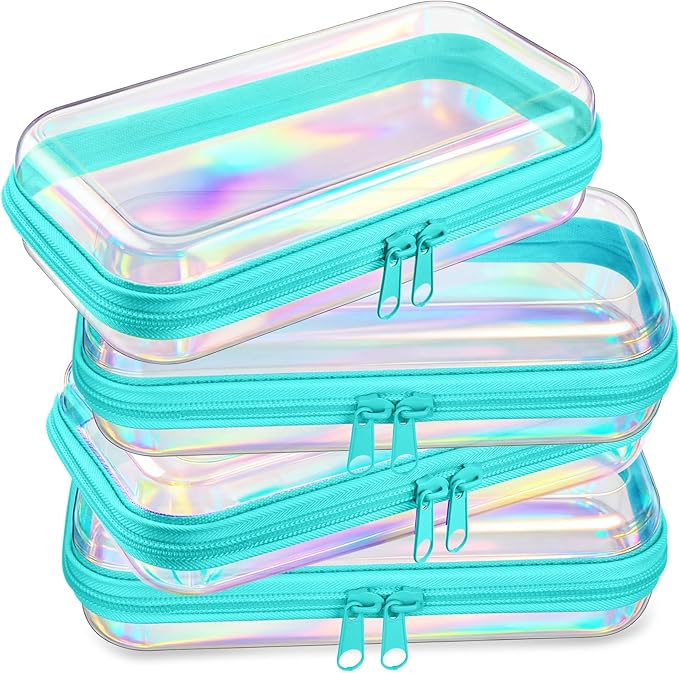 Hoolerry 4 Pcs Hard Clear Zipper Case Makeup Bags Plastic Zipper Pouch Transparent Storage Box Containers for Cosmetics, Snacks, Building Blocks, Puzzles(Clear,7.5 x 3.9 x 2 in,Blue Laser) by Hoolerry