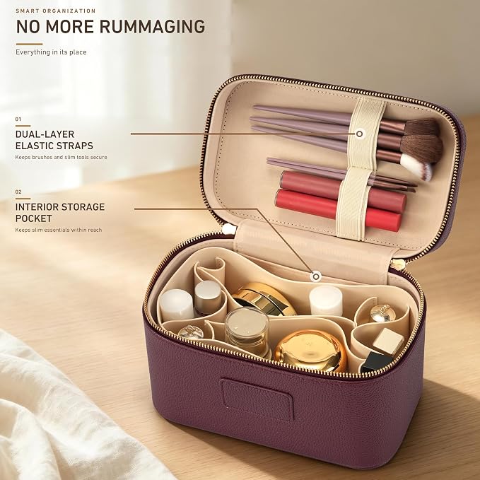 Makeup Bag Travel Toiletry Leather Cosmetic Case, Waterproof Makeup Organizer with Brush Holder, Wipe Clean Removable Divider Vanity Train Bag for Women, Burgundy - Image 4
