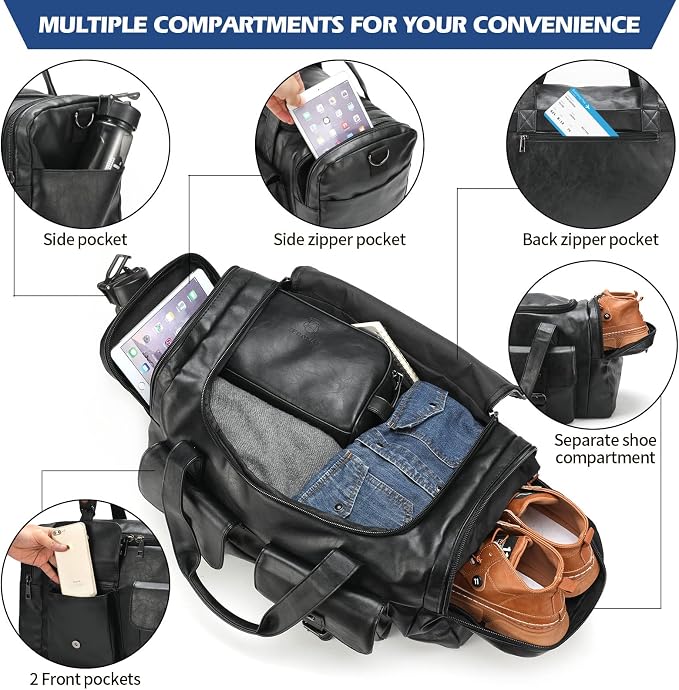 Zeroway PU Leather Travel Duffel Bag with Laundry Bag, Weekender Overnight bag Luggage Carry-On Bag with Shoe Pouch for Men or Women Black - Image 2