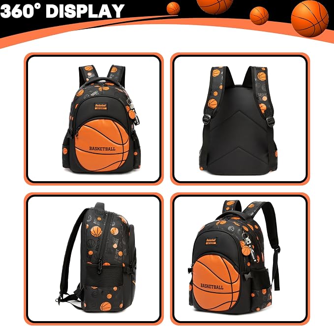 Boys' School Backpack with Lunch Box and Pencil Case - Ideal for Teens and Middle School Students, Orange Basketball - Image 3