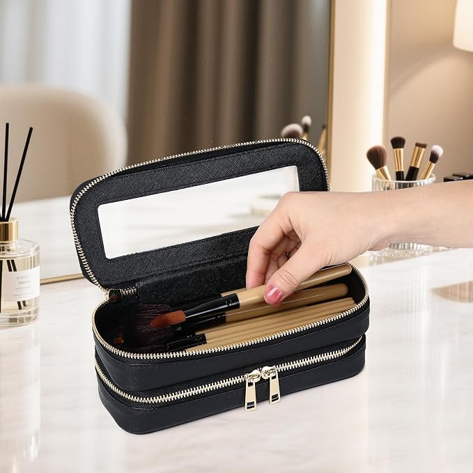 Double Layer Makeup Bag Makeup Brush Case Waterproof Travel Cosmetic & Toiletry Bag Purse Organizer and Car Essentials for Women (Black, 2-Layer SLIM) - Image 2