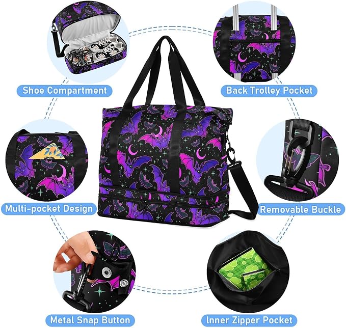Travel Duffel Tote Bag Purple Bat Gothic Sports Duffel Bag with Wet Pocket Weekender Overnight Bag for Women Men Gym Bag, Carry On Bag Hospital Bag for Labor and Delivery - Image 4