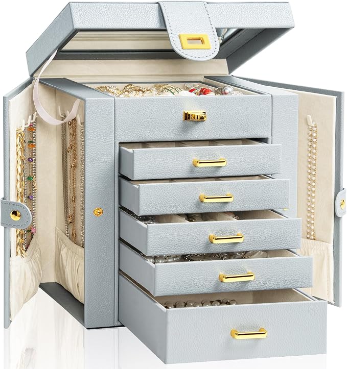 AKOZLIN 6-Tier Jewelry Box Organizer Functional 5 Drawers Leather Jewelry Storage Case for Women Girls Ring Necklace Earring Bracelet Holder Organizer with Mirror Grey Regular by AKOZLIN