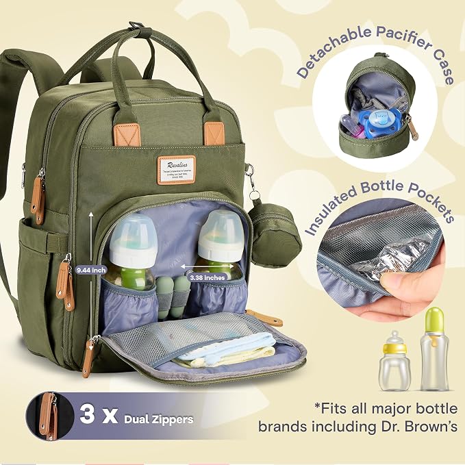 RUVALINO Diaper Bag Backpack - Multifunction Travel Back Pack Maternity Baby Changing Bags, Diaper Changing Totes, Large Capacity, Waterproof and Stylish, Baby Travel Essential, Army Green - Image 2
