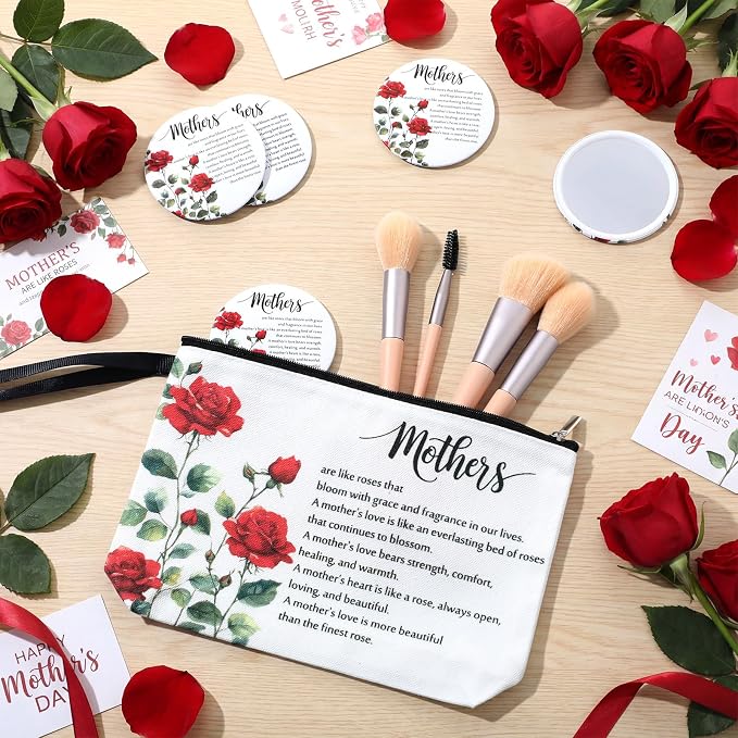 Kacctyen 10 Sets Mother's Day Gifts Bulk for Women Mom Makeup Bag Red Rose Inspirational Compact Mirror Cosmetic Bag with Zipper and Handle Pocket Mirror Toiletry Pouch for Women Mom Birthday Gift - Image 4