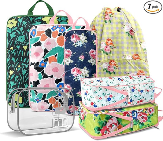 7 Piece Travel Compression Packing Cubes - Gingham Floral | Foldable Toiletry Kit, Efficient Suitcase Packing, Carry-On Compatible Travel Essentials with Lovely Flower Print, Green by Unknown