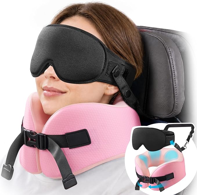 YFONG Travel Pillow for Long Flights, Patented 360° Ergonomic Sleeper Hold Head Support System with Memory Foam Neck Pillow & 3D Sleep Mask, Prevent Head Bobbing for Airplane & Road Trip, Pink by YFONG