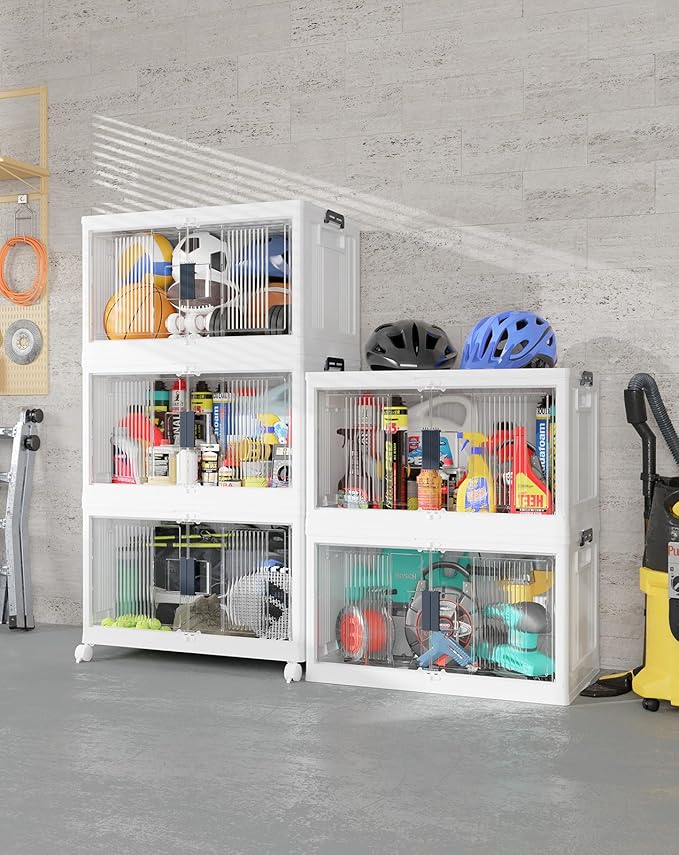 OlarHike 97QT Stackable Storage Bins with Lids - Folding Storage Box with Doors & Wheels, Collapsible Plastic Drawers for Closets and Organization, Garage, College, School, Shelves, Dorm, 5 Pack Cubes by OlarHike