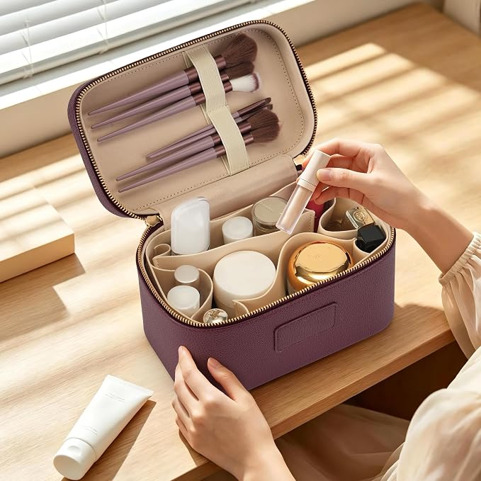Makeup Bag Travel Toiletry Leather Cosmetic Case, Waterproof Makeup Organizer with Brush Holder, Wipe Clean Removable Divider Vanity Train Bag for Women, Burgundy - Image 6