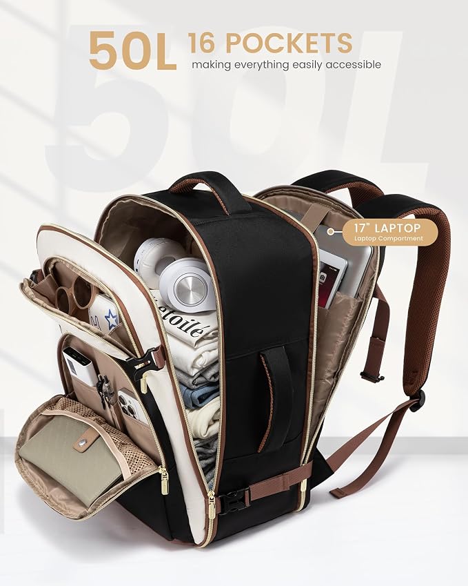 LOVEVOOK Travel Essentials Carry on Backpack 50L Travel Backpack for Women Men,Waterproof TSA Personal Item Travels Bag Airline Flight Approved,Large Carry on Luggage Laptop Backpack with Packing Cube - Image 3
