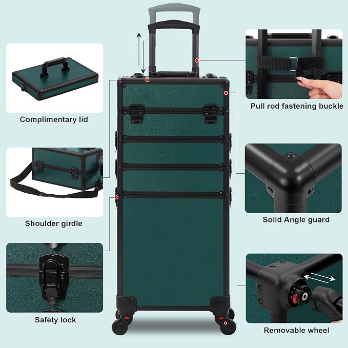 Somduy Makeup Train Case, Rolling Makeup Case with Lid, 5 in 1 Cosmetology Case on Wheels, Christmas Gift, Large Makeup Case Organizers, Profesional Cosmetic Case for Salon Barber, Black Green - Image 3