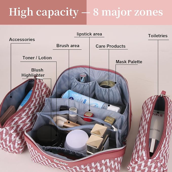 BOYATU Travel Makeup Bags for Women: Large Capacity Cosmetic Bag Set of 3 - Vegan Leather Make up Bags with Compartments - Wide Open Waterproof Toiletry Organizer Bag with Handle (P-03-Red) - Image 2