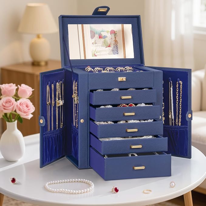 AKOZLIN 6-Tier Jewelry Box Organizer Functional 5 Drawers Leather Jewelry Storage Case for Women Girls Ring Necklace Earring Bracelet Holder Organizer with Mirror Medium Blue - Image 7