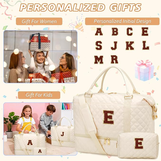 Graduation Gift for Her Women Gift-Birthday Gifts Initial Travel Duffle Bag Quilted Weekender Bags Carry-On Overnight with Cosmetic Bag, Gym Bag with Shoe Compartment, Beige-E - Image 3