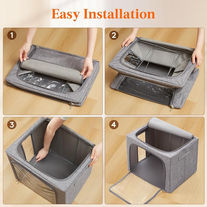 Lifewit Clothes Storage Bins with Metal Frame, Stackable Storage Box, Foldable Clothing Storage Bins with Lids, 75L Storage Bags Fabric Box Organizer with Clear Window＆ Zippers＆ Sturdy Handles 4 Pack - Image 7