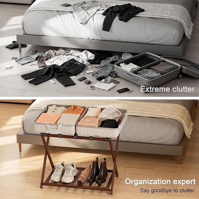 Fully Assembled Luggage Rack for Guest Room, Bamboo Suitcase Stand with Foldable Storage Shelf, Crossed Nylon Straps Folding Luggage Holder for Bedroom and Hotel, Walnut - Image 8