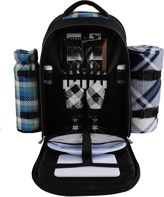 apollo walker Picnic Backpack Bag for 2 Person with Cooler Compartment, Detachable Bottle/Wine Holder, Fleece Blanket, Plates and Cutlery Set by apollowalker