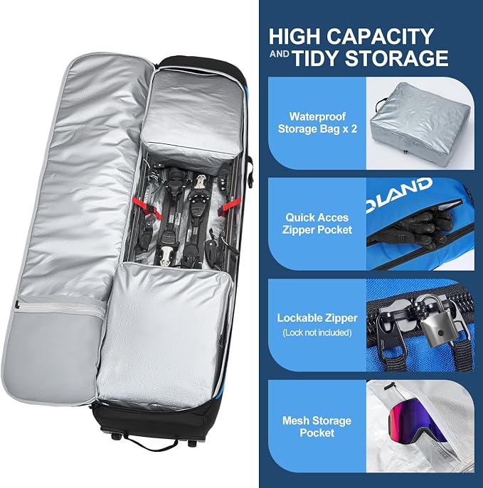 Odoland Rolling Ski Bag, Padded Snowboard Bags with Wheels for Air Travel, 900D Water Resistant Oxford Fabric and Extra 2 Dry Bag, Fits Skis Up to 170/190cm - Image 3