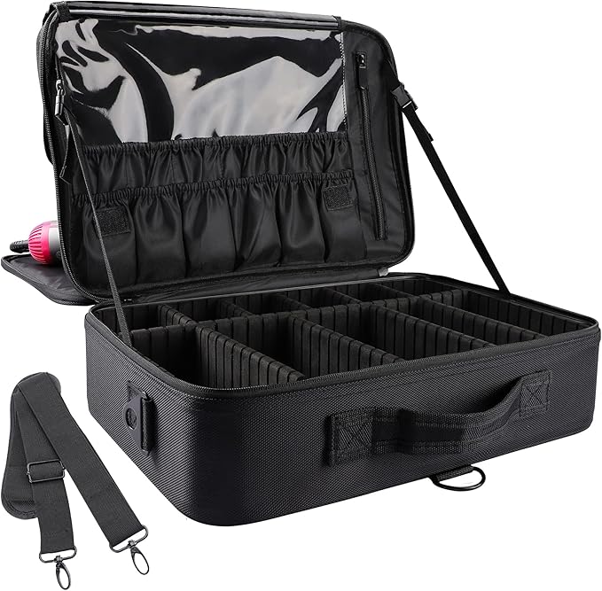 Travel Makeup Train Case,Large Capacity Cosmetic Bags for Women,Portable Makeup Bag Organizer with Adjustable Dividers & Shoulder Strap (Black, L) by JOURMON