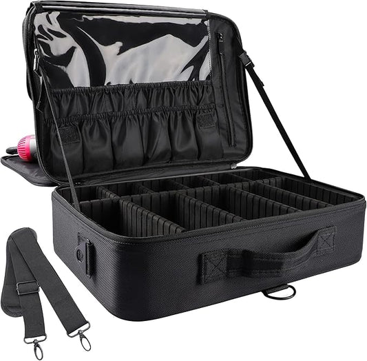 Travel Makeup Train Case,Large Capacity Cosmetic Bags for Women,Portable Makeup Bag Organizer with Adjustable Dividers & Shoulder Strap (Black, L) by JOURMON