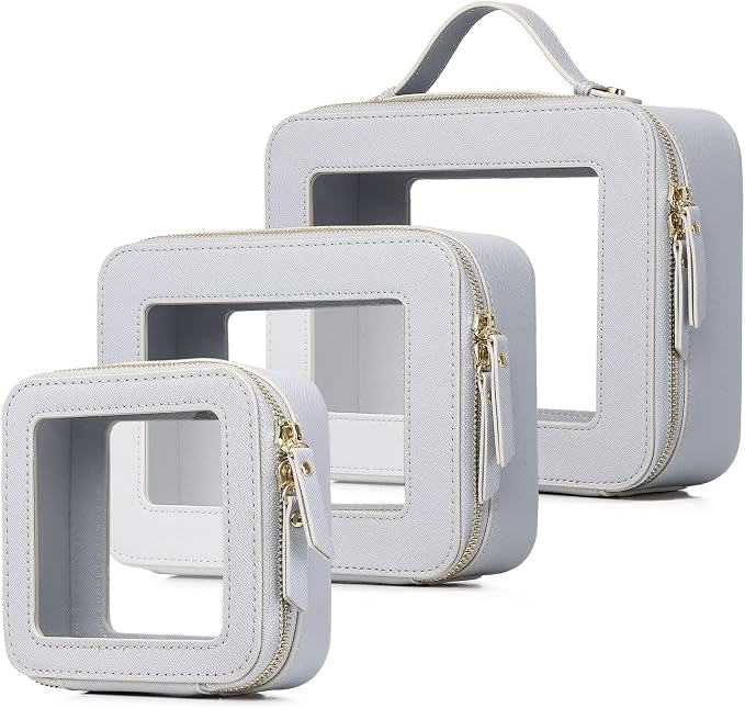 Clear Makeup Bag Set 3 Piece Travel Case for Cosmetics and Toiletries Women's Makeup Organizer and Car Essential with Zipper (Gray, L+M+MINI) by LOFOWN