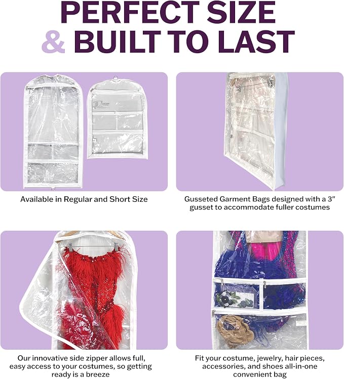 Clear Garment Bags for Dance Costumes 3-Pack, Regular-Size, Side Zipper Entry, Storage Pockets for Shoes & Accessories, Size 37”x18”, Dream Duffel - Image 5