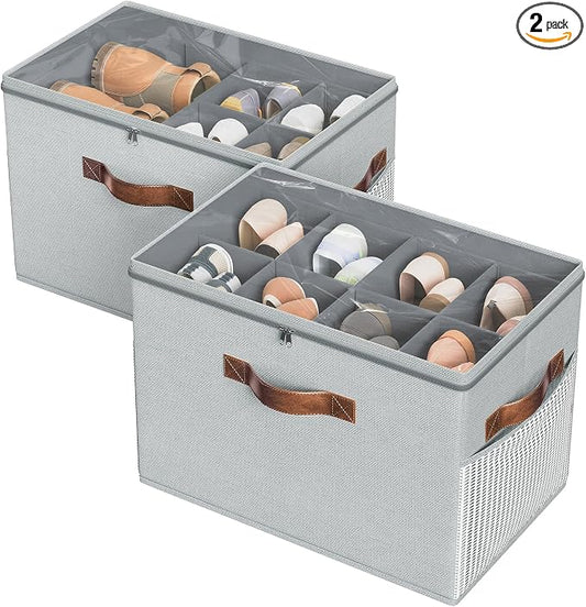 2 Pack Shoe Organizer for Closet, Foldable Shoe Storage with Adjustable | Farbic shoe storage organizer box bin with clear cover, fits up to 16 pairs, shoe storage box for closet, entryway, gray by BuddingJoy-BuildaJoyfulLifeforYou
