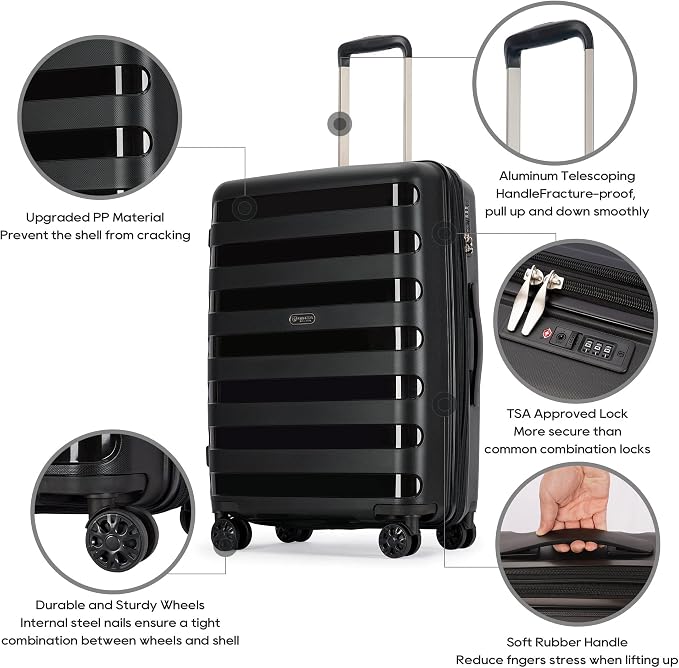 GinzaTravel PP material 3-piece expandable luggage sets with Spinner Wheels， Suitcase with TSA Lock，Large Luggage for Family Travel carry on 20/24/28，Black color - Image 2