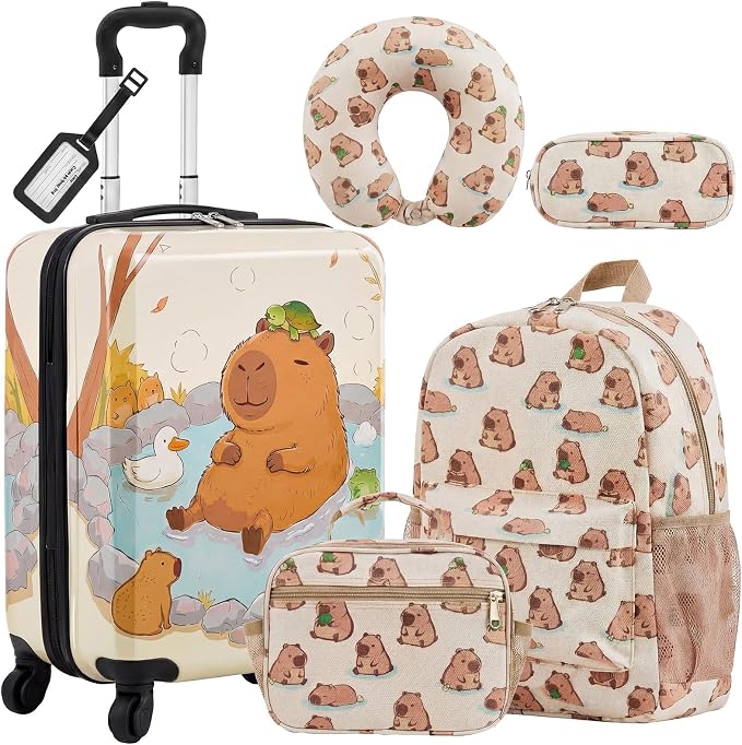 Redbaker 6 Pcs Kids Luggage Set, 17 Inch Rolling Suitcase with Backpack Lunch Bag Neck Pillow, Capibara Travel Set for Summer Vacation Sleepover Back to School Gift by Redbaker