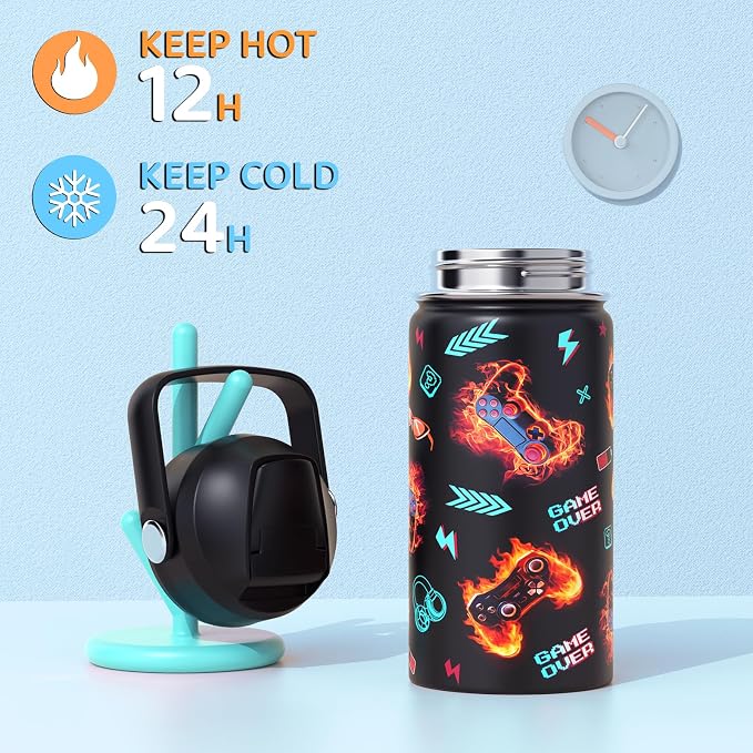 Bevalsa Kids Backpack for Boys with 14oz Insulated Bottle, Gamer Backpack School Bags for Kids & BPA-FREE Stainless Steel Metal Bottle for Elementary Middle School Student (Orange Flame) - Image 4