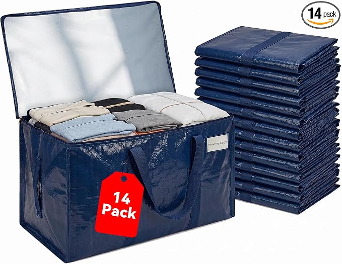 14 Pack Heavy Duty Storage Moving Bags with Zippers, Foldable Closet Organizer Storage Bin for Daily Organization, Camping, Travel, Decluttering, Transport, Packaging Moving (26.8"x13"x13.8") by Unknown