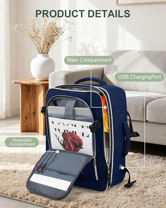 Travel Carry On 17.5" Laptop Expandable Backpack for Men Women, Personal Item Bag Waterproof Airline Approved with USB Charging Hole 3 Packing Cubes, Large Weekender Daypack Business Luggage Suitcase - Image 5