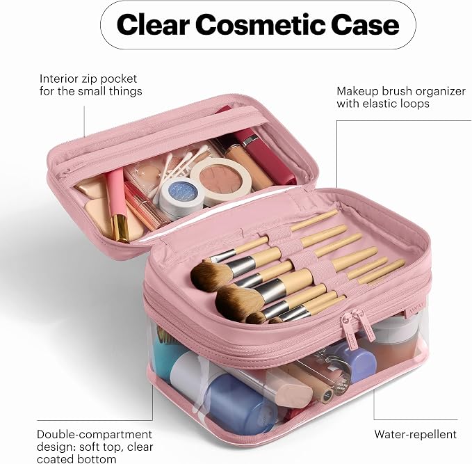 Away Clear Cosmetic Case - Water-Repellent Transparent Cosmetic Bag with 2 Compartments, Brush Holder, Interior Zip Pocket - Blush Pink - Image 4