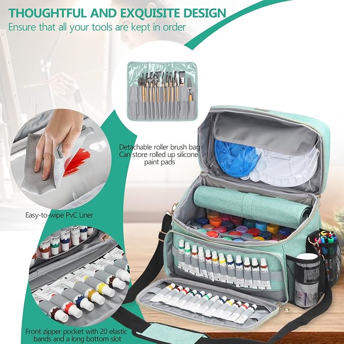 Art Supplies Organizer Storage Bag with Detachable Paint Brush Holder & Partition - Carrying Case for Home/Travel/Outdoor Fits Marks, Acrylic Paint, Palettes, Folding Buckets, Portfolios (Pro Green) - Image 4