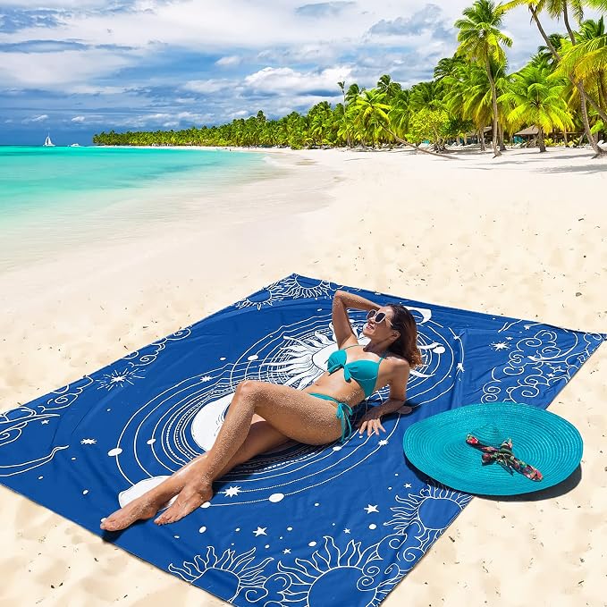 WIWIGO Beach Blanket Sandproof Extra Large Beach Mat Adults Waterproof Quick Drying Sand Free Mat Made by Premium Polyester with 4 Stakes & 4 Corner Pockets for Outdoor Travel Camping Hiking - Image 5