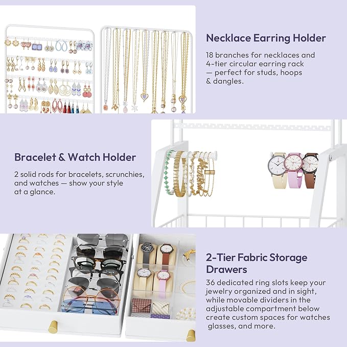 SWTYMIKI Jewelry Organizers and Storage- Multifunctional Stand Jewelry Organizer Cabinet for Necklace, Earring, Ring & Bracelet - Jewelry Box Necklace Holder with 4 Nonwoven Drawers & Wheel White - Image 4