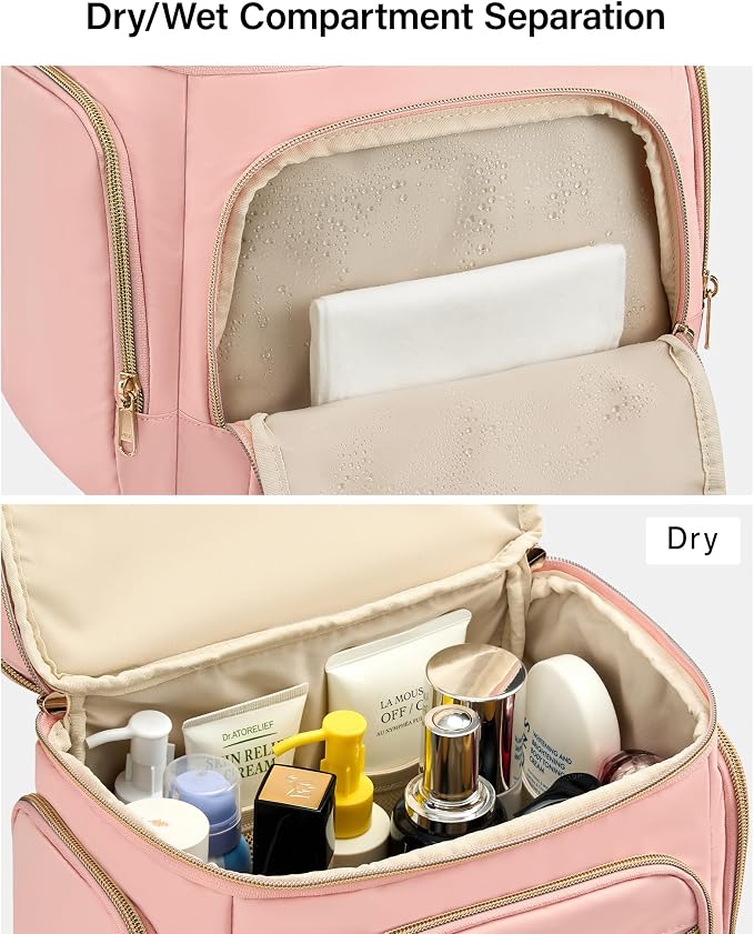 Hanke Large Toiletry Bag for Women Travel, Double Layer Organizer with Wide Opening for Full-Size Cosmetics & Toiletries, 12.2L Water-Resistant Makeup Bag,Pink - Image 4