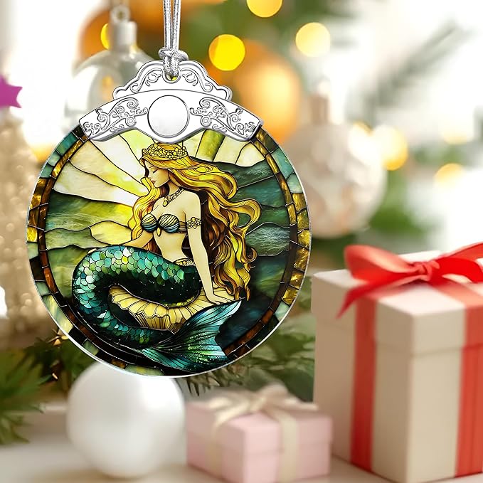 Mermaid Stained Glass Ornament, Christmas Ornaments – Christmas Tree Decorations, Holiday Decor, Stocking Stuffer, Gift Idea, Gifts for Mermaid Lover, Fans of Fairy-Tale Theme, Friend, Family