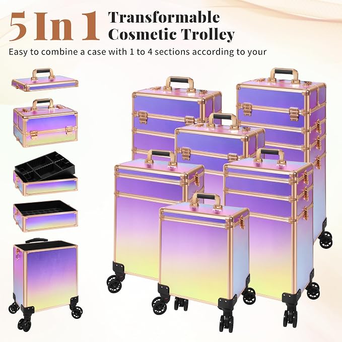 Rolling Makeup Train Case with Lid Cosmetology Case on Wheels | 5 in 1 Large Cosmetic Trolley Organizer Travel for Hairstylist Artist Nail Beauty Salon Barber Cart Trunk, Colorful - Image 2