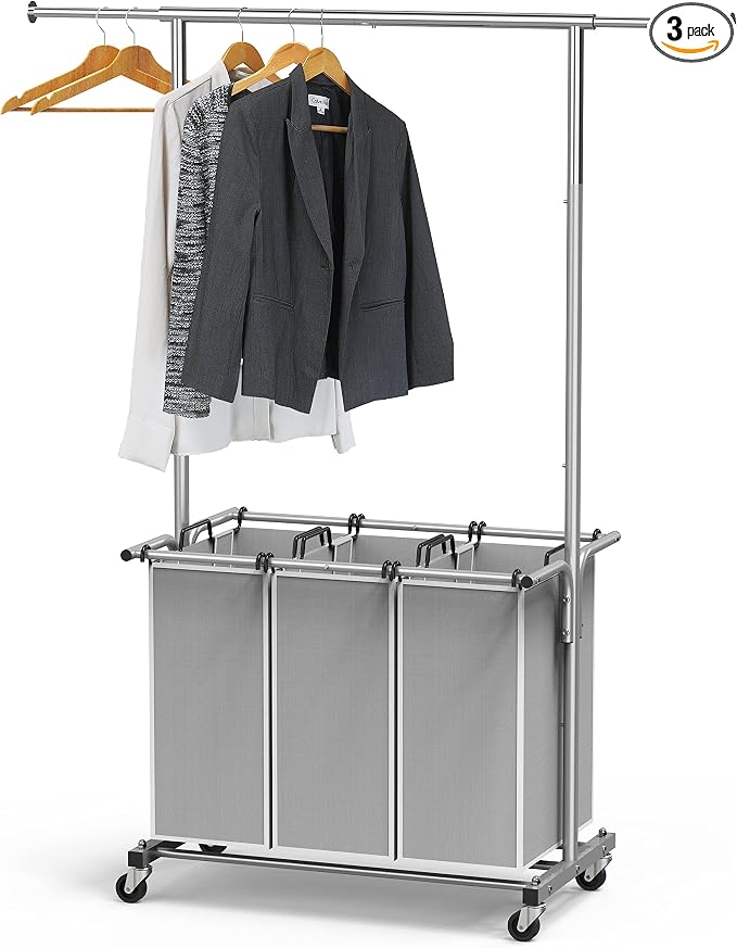 Simple Houseware 3 Bags Laundry Sorter Cart with Hanging Rod, Silver | Extendable Width from 30.6 to 48", Removable 3-Section Laundry Basket by SimpleHouseware