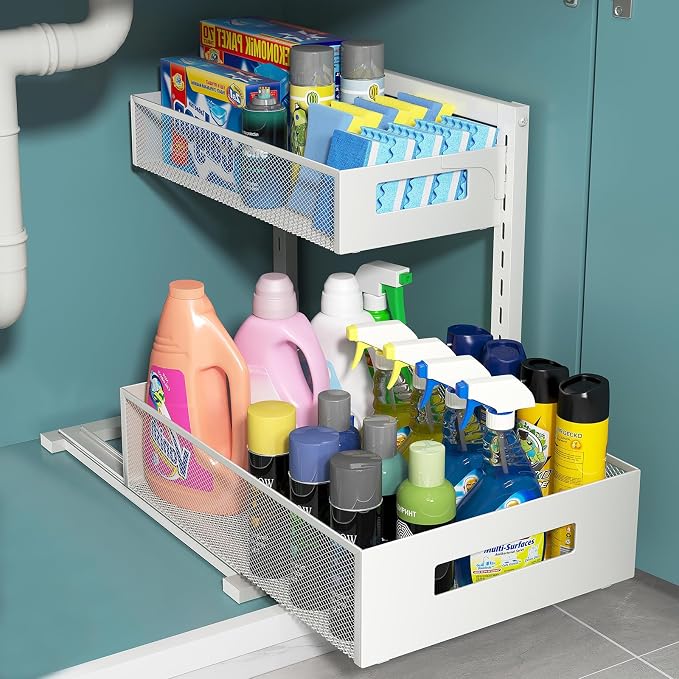 TISTAYA Pull-out Under Kitchen Sink Organizer, Metal Functional Under Sink Organizer, Height Adjustable Under Bathroom Sink Organizer, Under Sink Storage for Kitchen Bathroom Cabinet (White) by TISTAYADirect