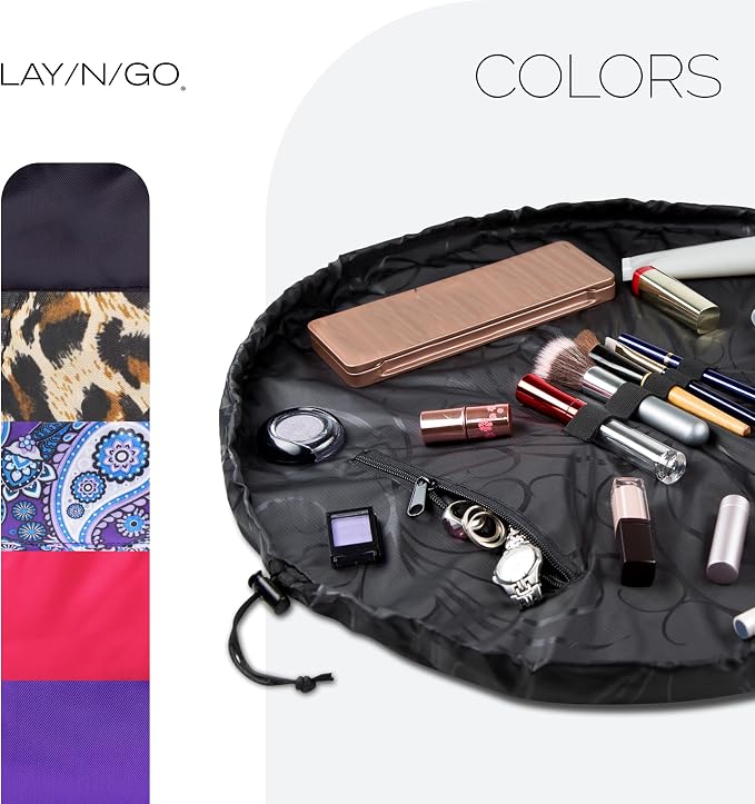 Lay-n-Go Cosmo Layflat Cosmetic & Makeup Bag Organizer - Portable Drawstring Bag w/Zipper Pocket, Brush Storage Loops & More - Durable, Machine Washable Toiletry Bag for Travel (22", Black) - Image 8