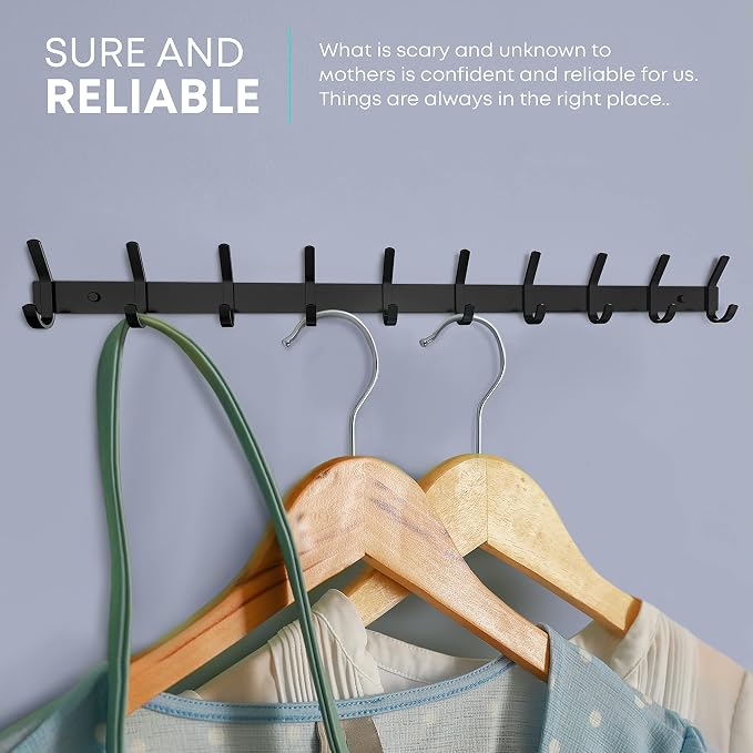 Coat Rack Wall Mount – 30 Inch Stainless Steel Hook Rail with 10 Double Coat Hooks for Hanging – Wall Mounted Entryway Organizer for Coats, Hats, Bags, Towels, Robes, Closet or Bathroom - Black 2 Pack - Image 4
