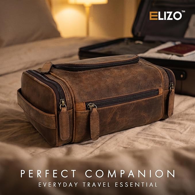 ELIZO Real Leather Toiletry Bag for Men - Large Hanging Travel Organizer for Toiletries, Ideal for Dopp Kit & Shaving Kit for Men, Essential Mens Travel Toiletry Bag for Toiletries (Grizzly) - Image 5
