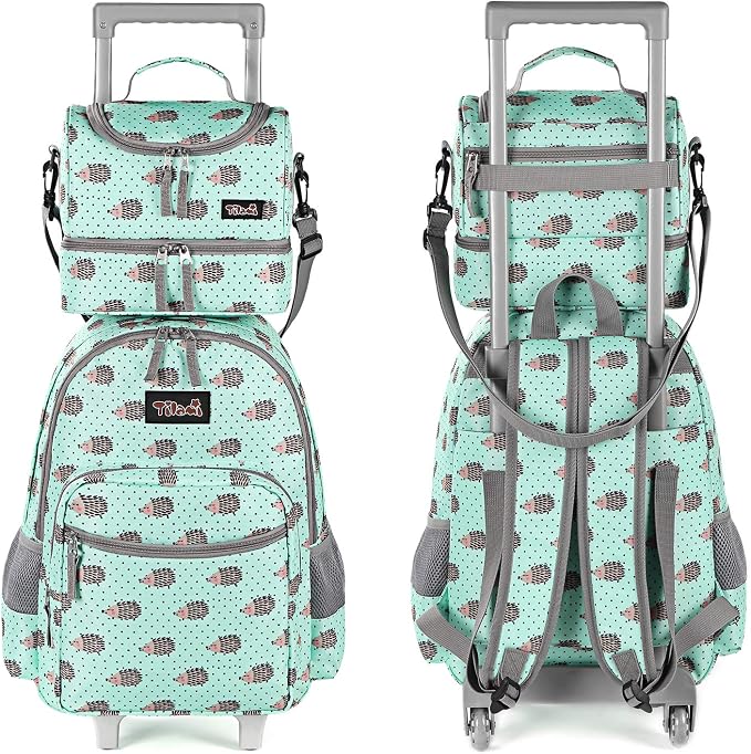 Tilami Rolling Backpack 18 inch Double Handle with Lunch Bag Wheeled Kids Backpack for Girls and Boys, Hedgehog Green - Image 2