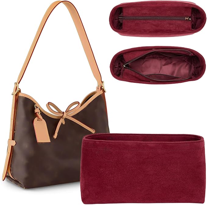 Doxo Velvet Purse Organizer Insert for LV Carryall PM, Carryall Bag Organizer Insert with Zipper Closure & YKK Zipper Pocket, Luxury Handbag Tote Lining Bag Shapers for Women (Burgundy, PM) by Doxo
